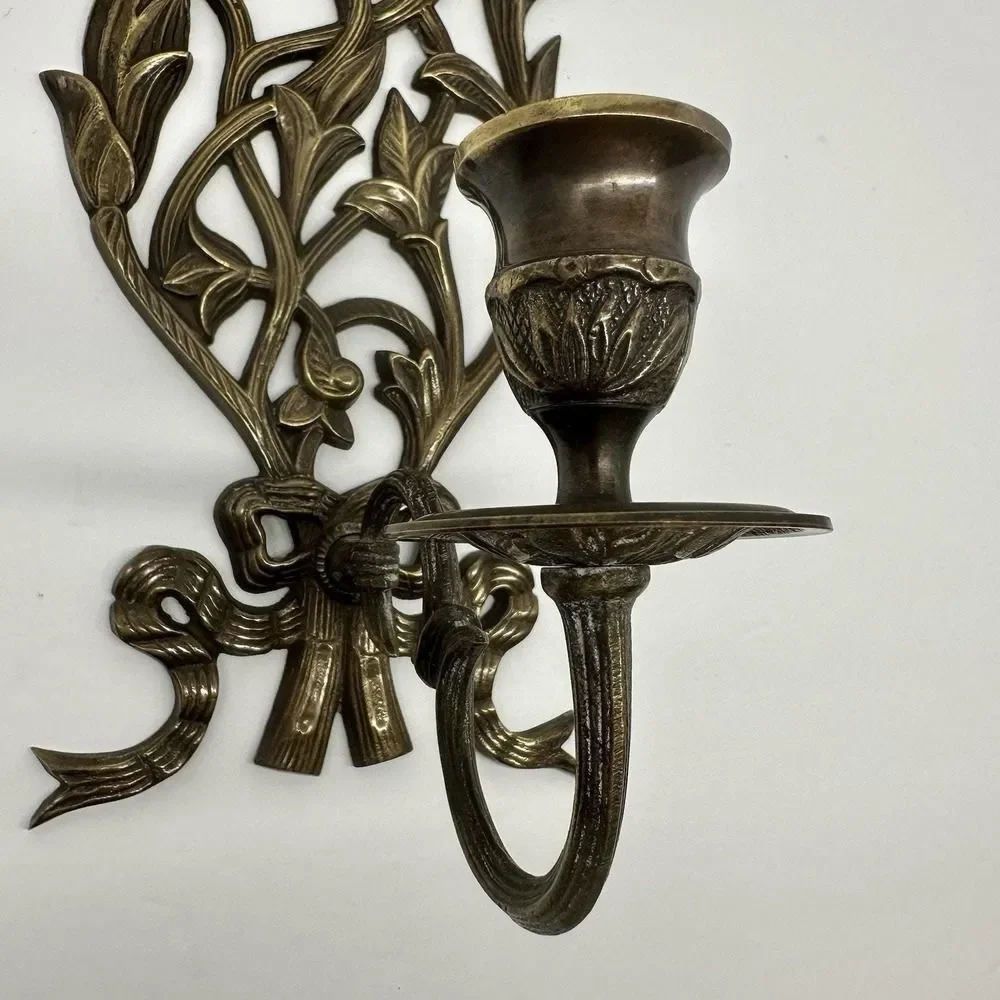 Brass Hollywood Regency Wall Sconce Leaf & Bow Vintage 5 X12 Solid Brass MCM